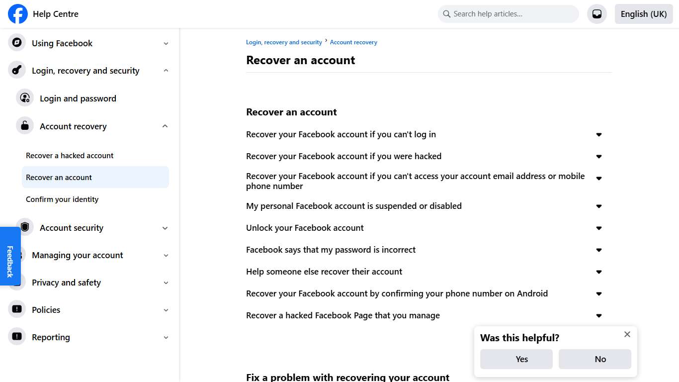 Recover an account | Facebook Help Centre