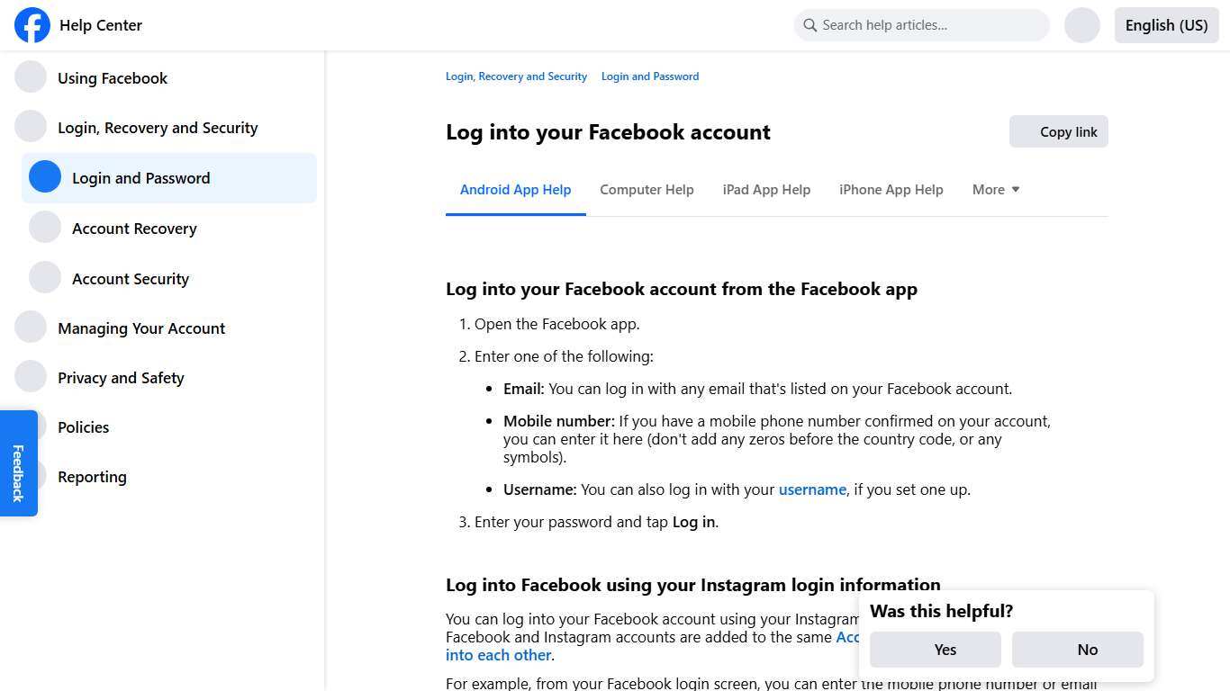 Log into your Facebook account | Facebook Help Center