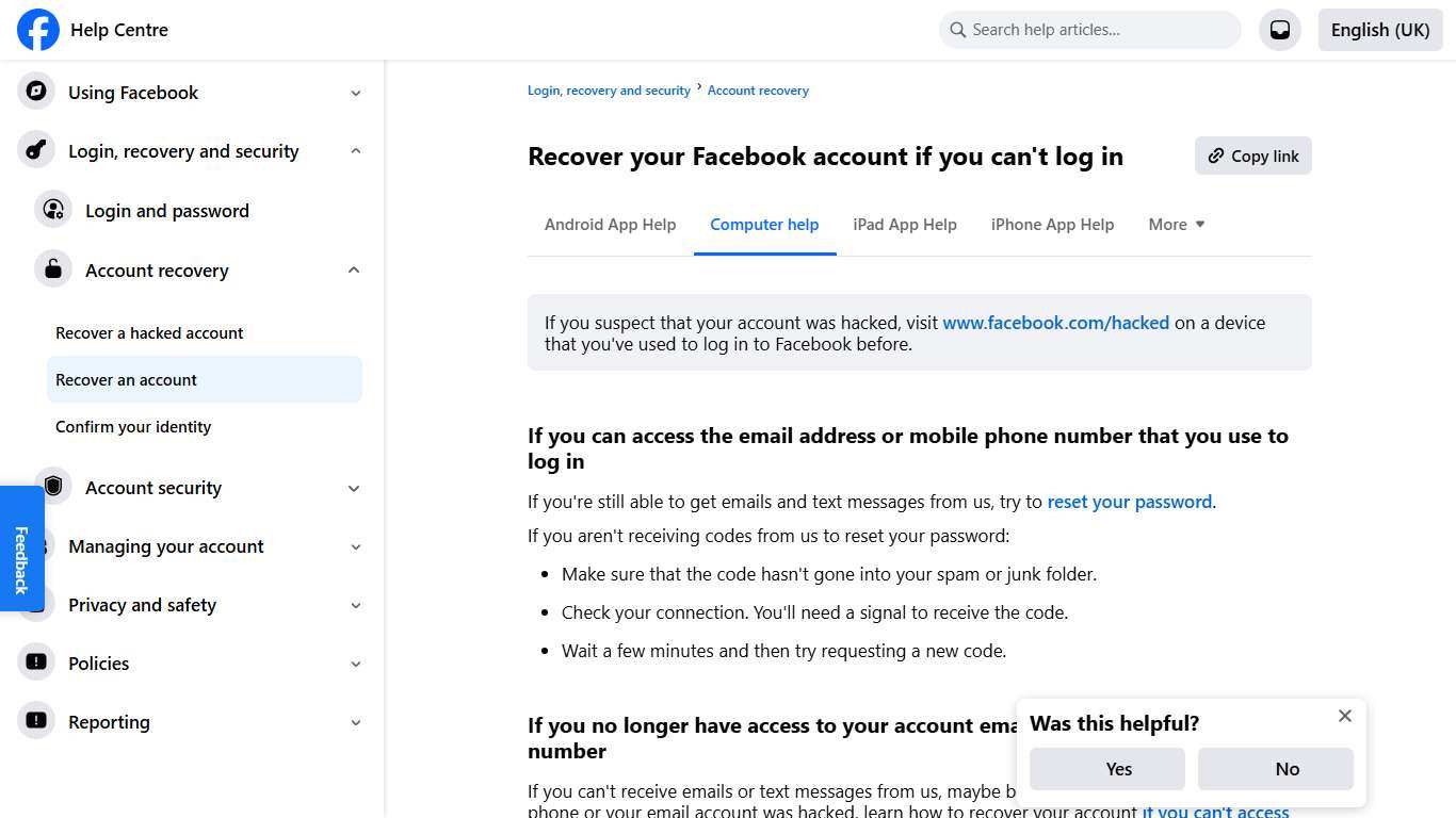 Recover your Facebook account if you can't log in | Facebook Help Centre