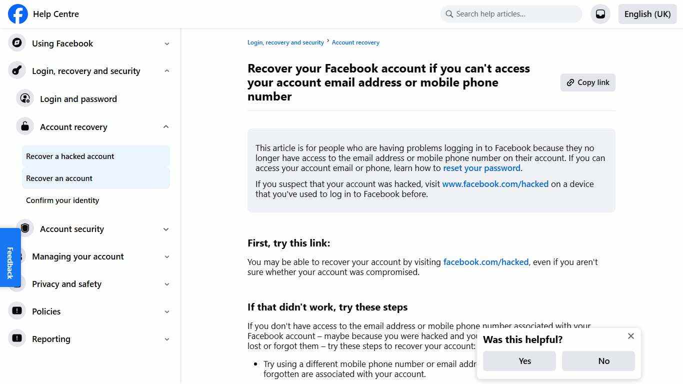 Recover your Facebook account if you can't access your account email address or mobile phone number | Facebook Help Centre